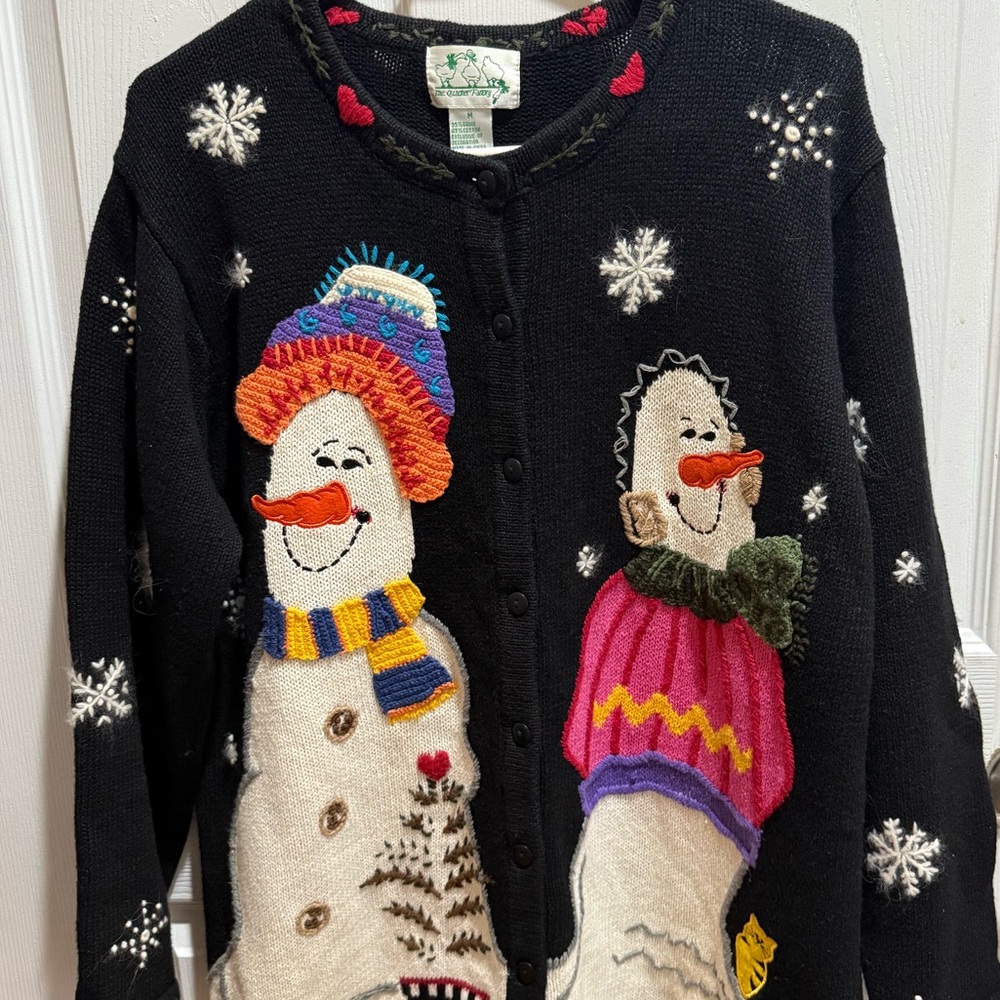 Vintage The Quacker Factory black knit embroidered snowman sweater size medium
